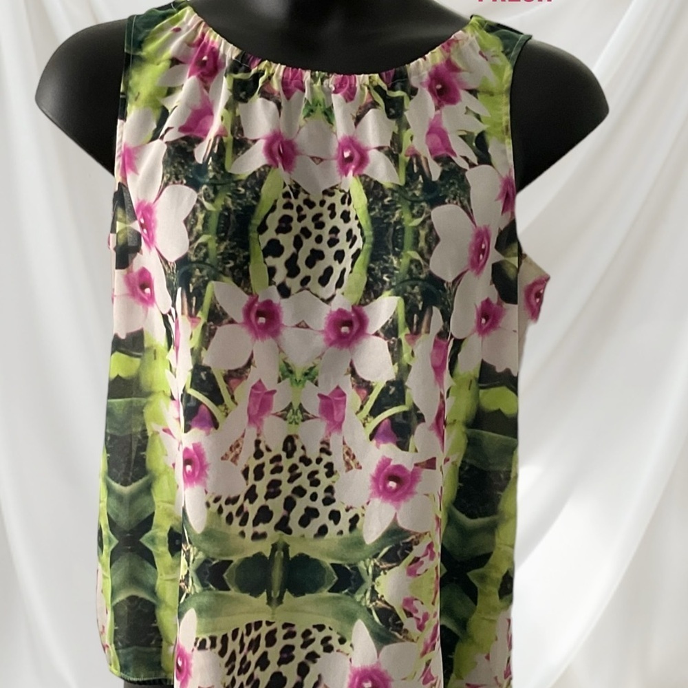JOE Fresh Tropical Pink Green Sleeveless Summer Blouse Top SZ Lg